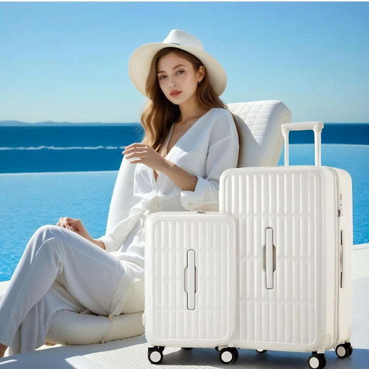 Stylish 20" carry-on luggage with smooth spinner wheels, ideal for air travel.
