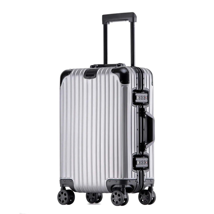 Robust aluminum travel bag, a durable hard shell suitcase with spinner wheels for easy mobility.