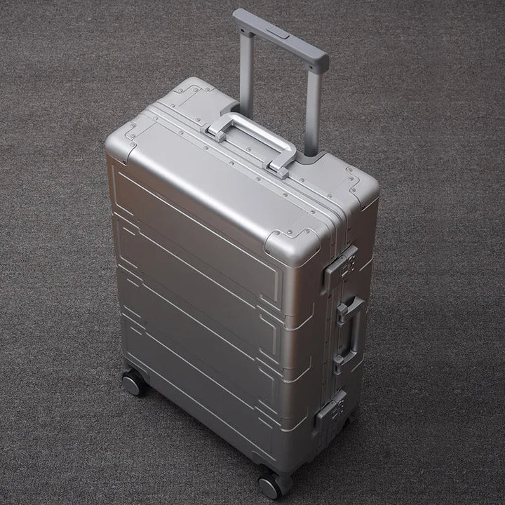 Unisex aluminum hard shell suitcase for durable, lightweight travel.