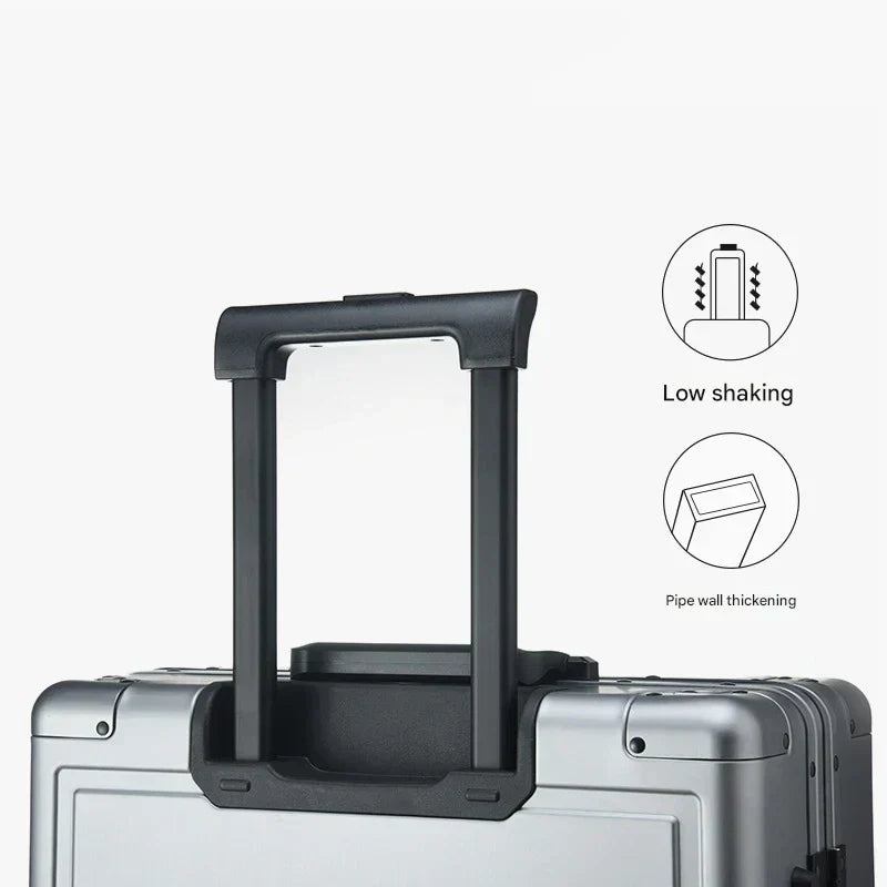 Stylish unisex aluminum suitcase with a durable hardshell and smooth-gliding spinner wheels.