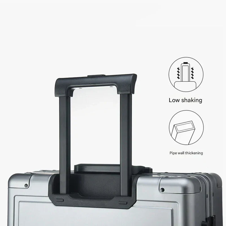 Stylish unisex aluminum suitcase with a durable hardshell and smooth-gliding spinner wheels.