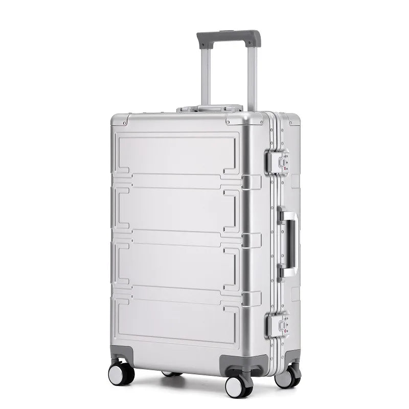 Sleek unisex aluminum travel bag with spinner wheels & secure TSA lock.