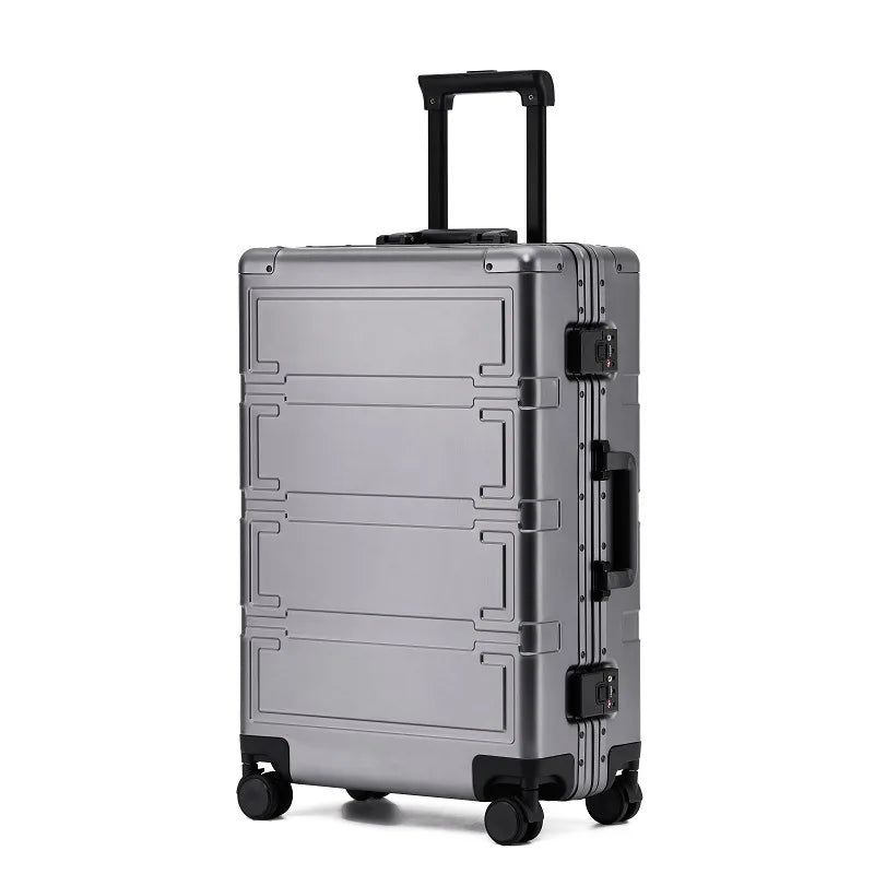 Lightweight aluminum hardshell suitcase, ideal for stress-free international travel.