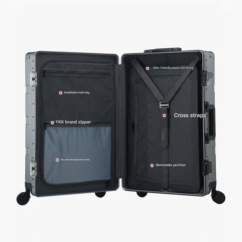 Modern aluminum travel bag with durable hardshell, spinner wheels, and TSA-approved lock.