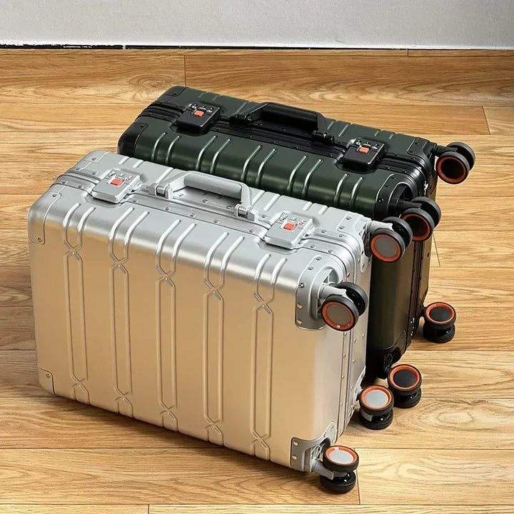 Unisex aluminum-magnesium hard shell travel suitcase with 360° spinner wheels & TSA lock.
