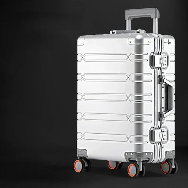 Modern silver aluminum-magnesium hardshell travel suitcase with a professional, scratch-resistant finish.