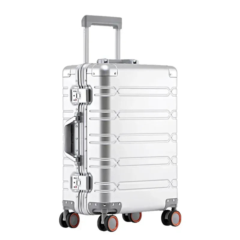 Open aluminum-magnesium hardshell travel suitcase, revealing organized interior compartments.