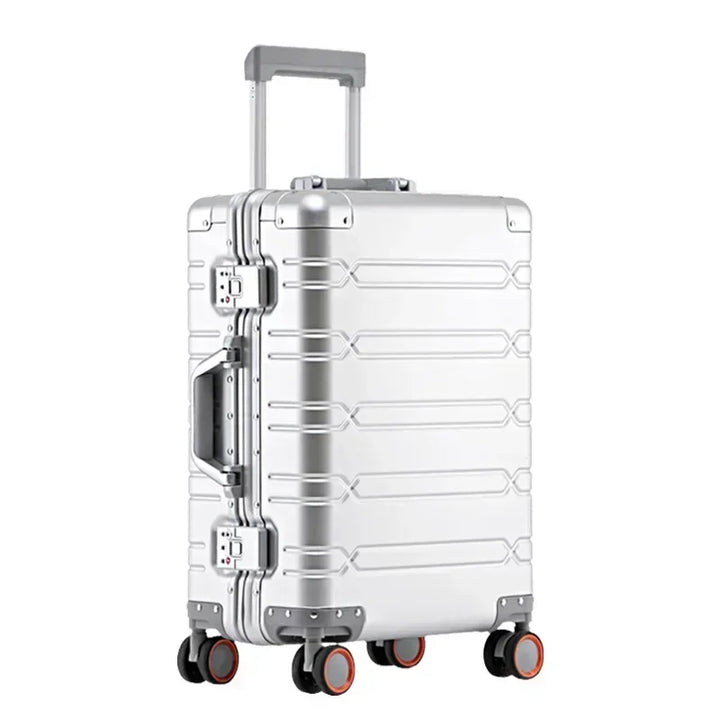 Open aluminum-magnesium hardshell travel suitcase, revealing organized interior compartments.