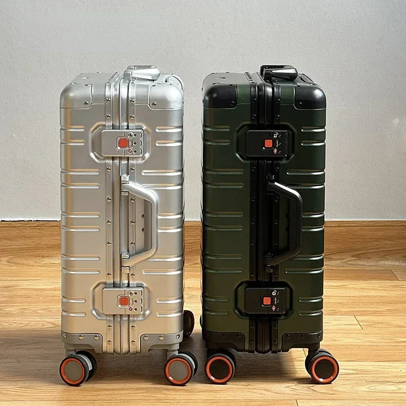 Durable aluminum-magnesium travel luggage with smooth 360° spinner wheels for effortless movement.