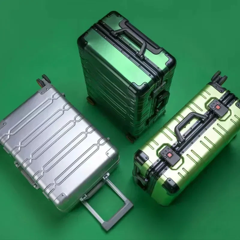 Secure TSA-approved lock detail on a sleek aluminum-magnesium hardshell suitcase for safe travels.