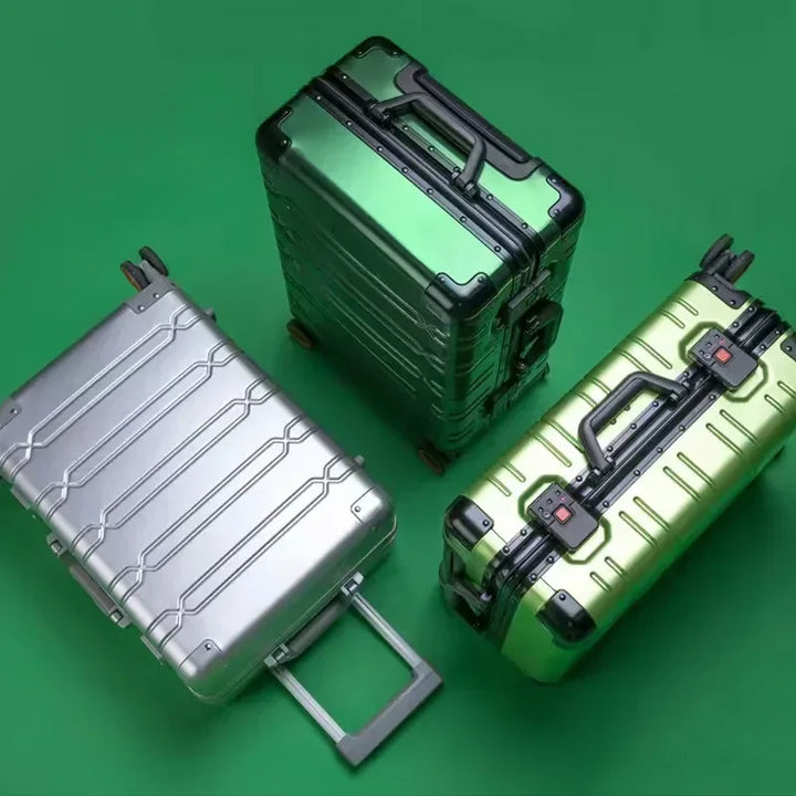 Secure TSA-approved lock detail on a sleek aluminum-magnesium hardshell suitcase for safe travels.