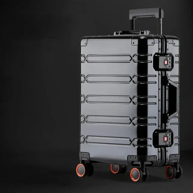 Set of stylish aluminum-magnesium hard shell spinner suitcases, ideal for cabin & checked travel.