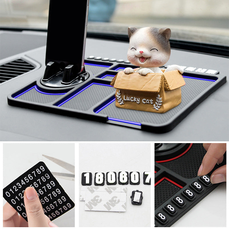 Unisex anti-skid car dashboard phone pad, black silicone, holds smartphone & small items