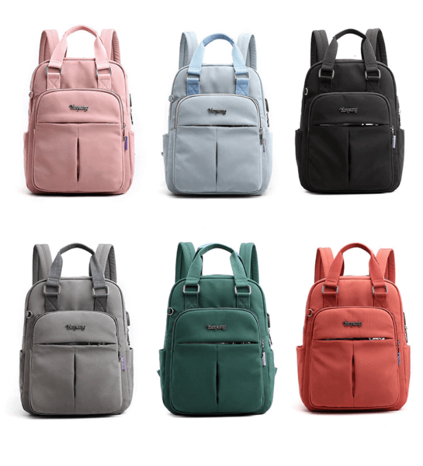Front view of black anti-theft backpack, water-resistant, showing USB port & sleek design.