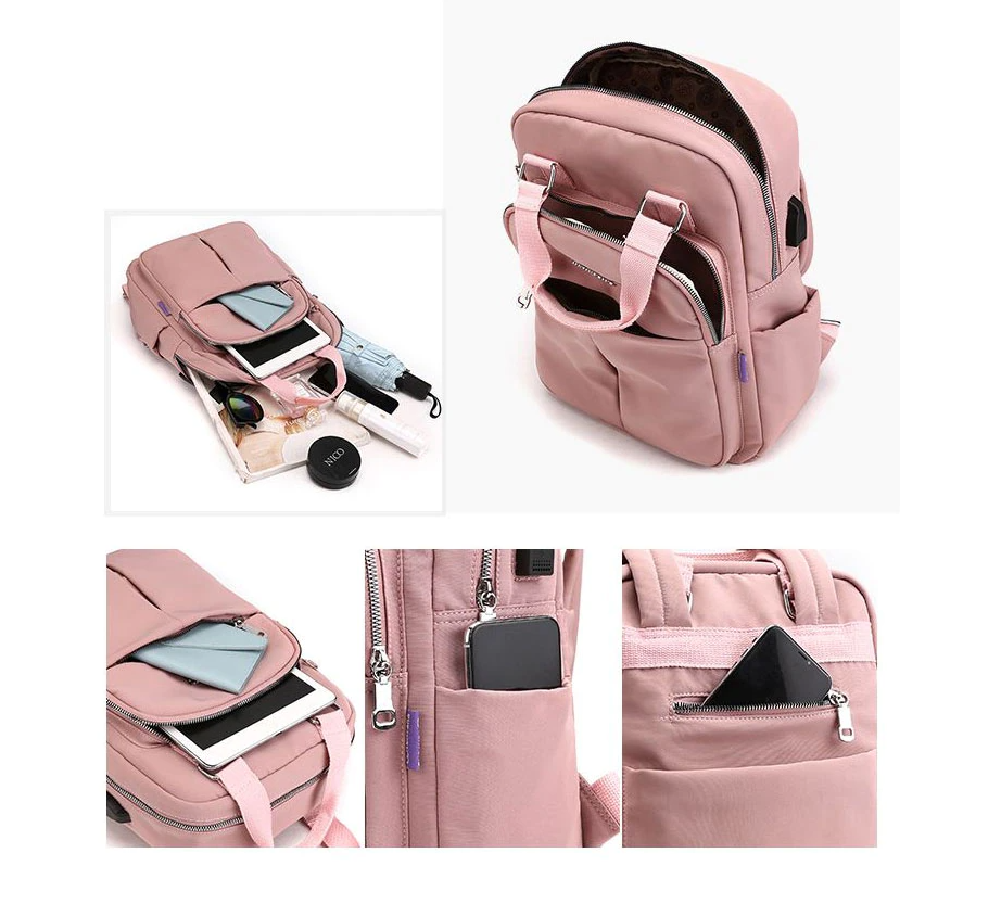 Side view of multi-compartment anti-theft backpack, water-resistant, ideal for secure travel.