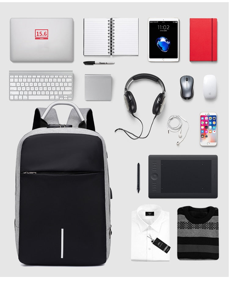 Interior view of anti-theft laptop backpack with padded compartment. Secure unisex bag for 15.6-inch laptops & essentials.