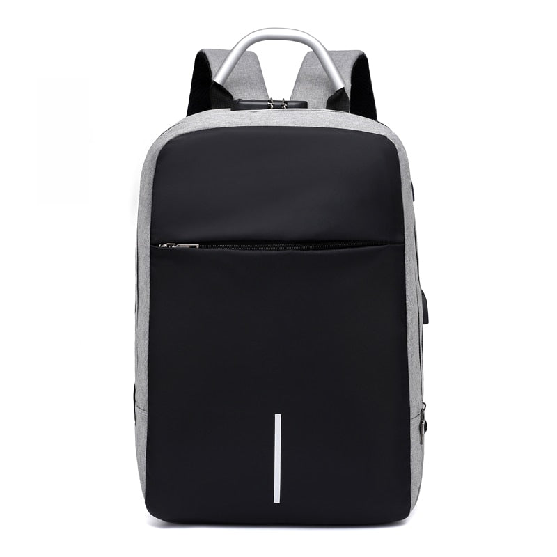 Side view of anti-theft backpack revealing multiple hidden pockets. Secure unisex travel & commuter daypack with USB port.
