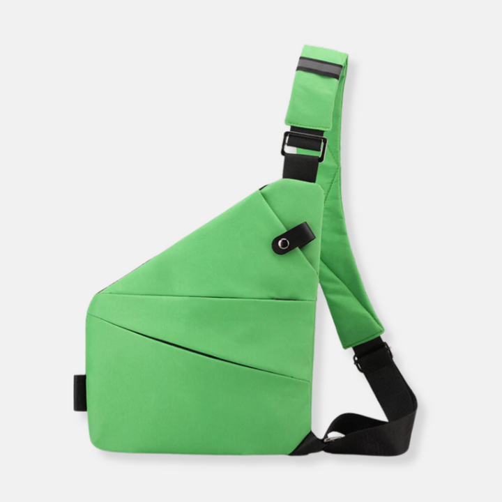 Front of unisex anti-theft messenger bag, showing secure quick-access pocket and sleek design.
