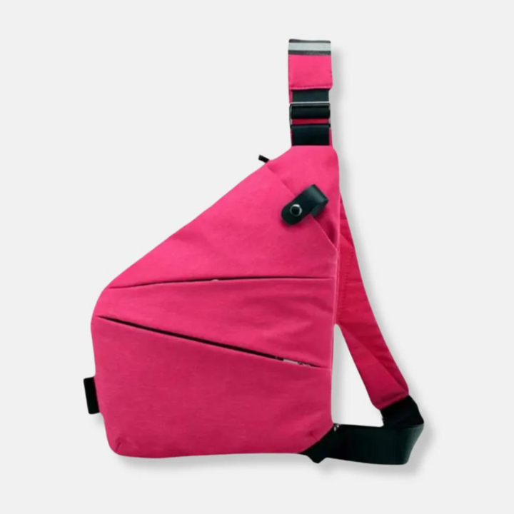 Back view of a unisex anti-theft messenger bag, showing adjustable strap & secure wearing.