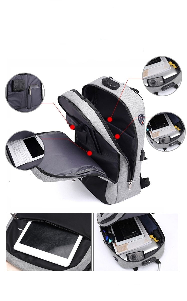Commuter anti-theft laptop backpack, water-resistant, with USB charging & hidden zippers for secure daily tech carry.