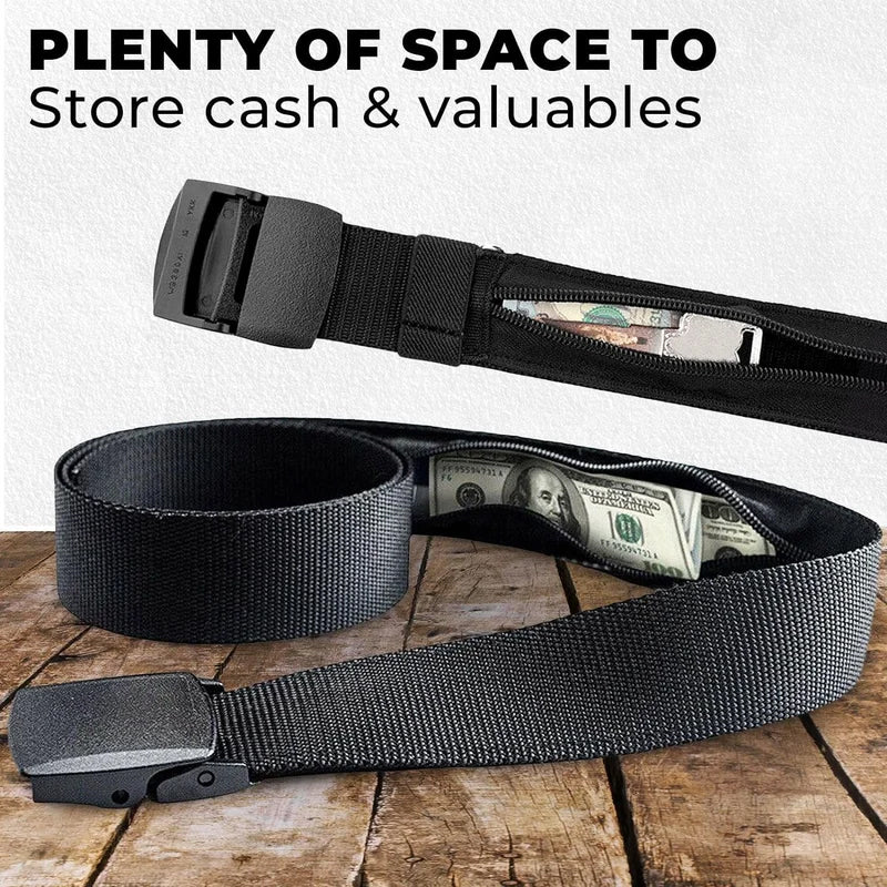 Unisex anti-theft travel belt, black nylon with hidden money pouch for secure cash storage.