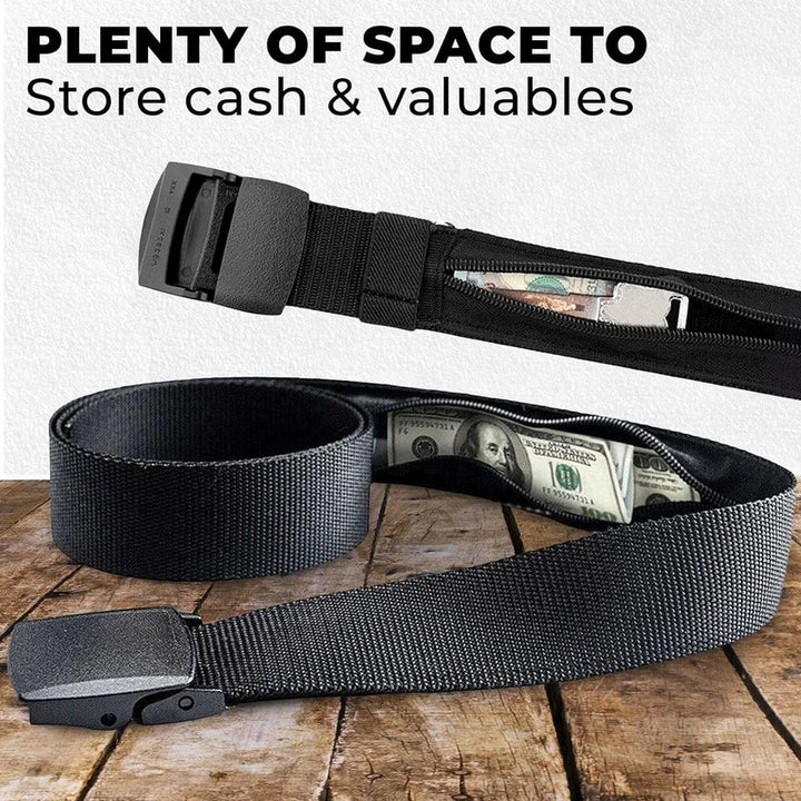Unisex anti-theft travel belt, black nylon with hidden money pouch for secure cash storage.