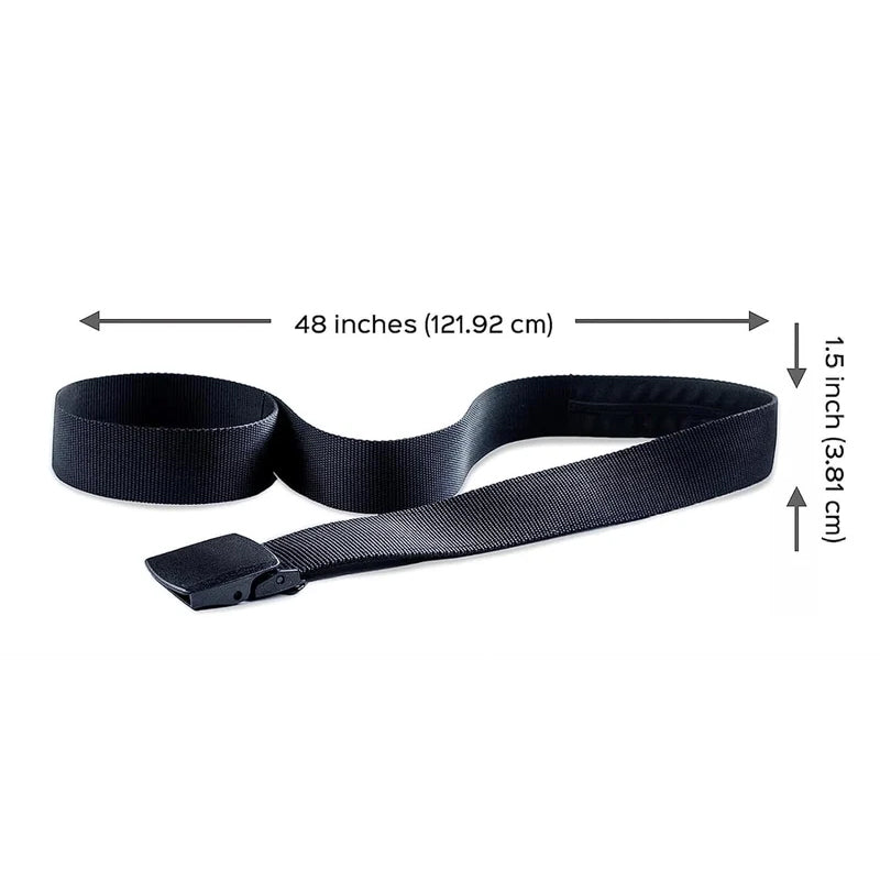 Anti-theft belt buckle detail, sturdy and secure for peace of mind while traveling.