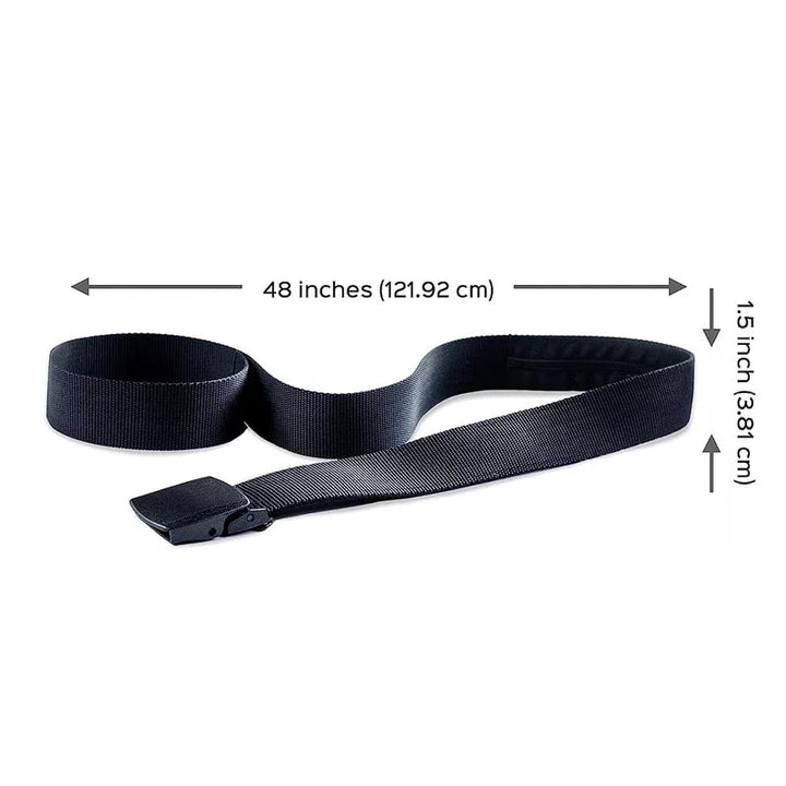 Anti-theft belt buckle detail, sturdy and secure for peace of mind while traveling.
