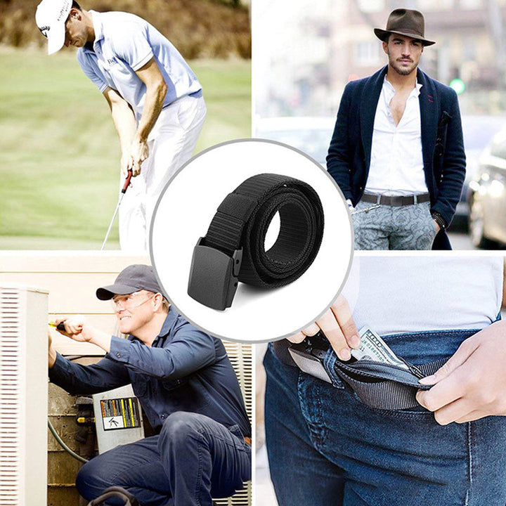 Close-up of the anti-theft travel belt's hidden pocket zipper, showing secure design.