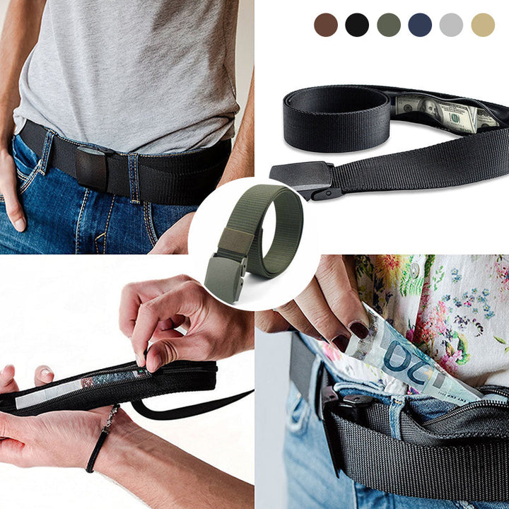 Unisex black security belt, adjustable, designed to conceal money for safe travels.