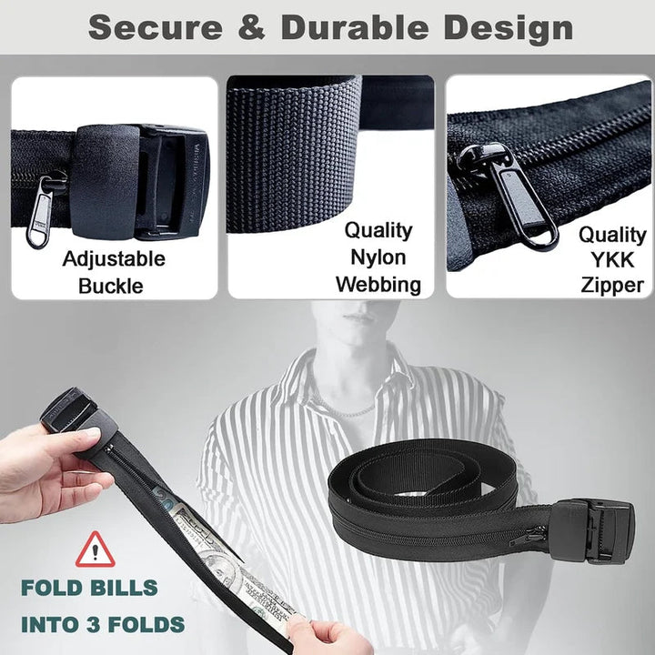 Nylon travel belt with integrated hidden pouch, essential for theft prevention on trips.