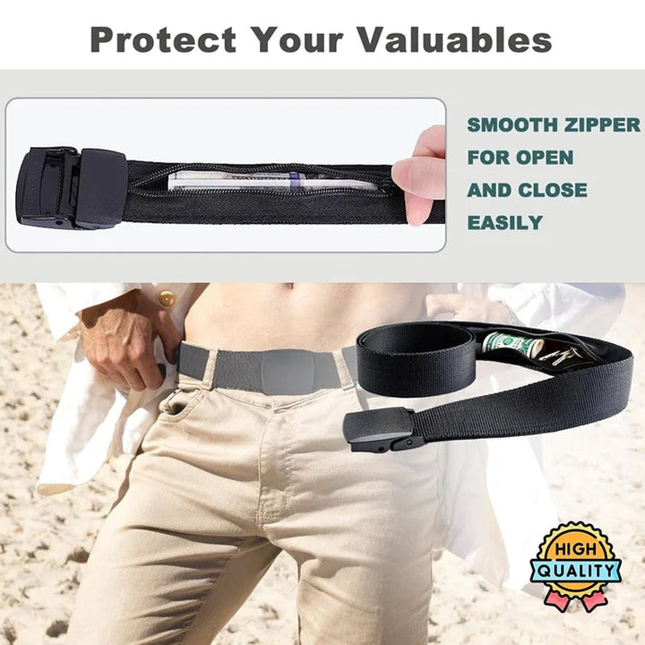Side view of the anti-theft travel belt, showcasing its slim and discreet profile.