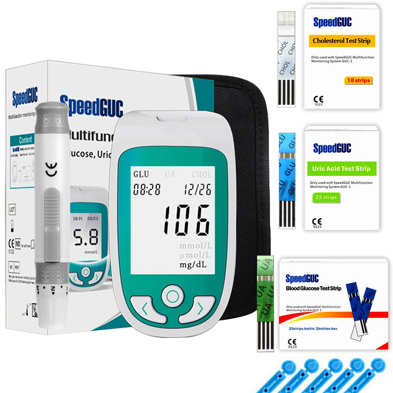 Unisex at-home 3-in-1 health monitor for quick cholesterol, glucose, and uric acid testing.