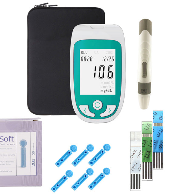 Compact medical device: accurate cholesterol, glucose, and uric acid test kit for personal wellness.