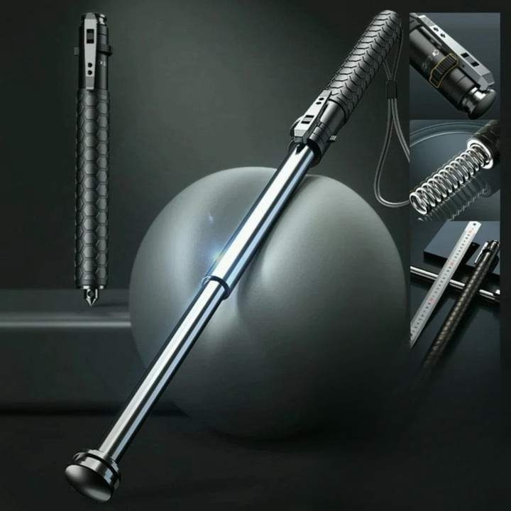 Automatic self-defense walking stick with ergonomic anti-slip grip for quick personal protection and support.