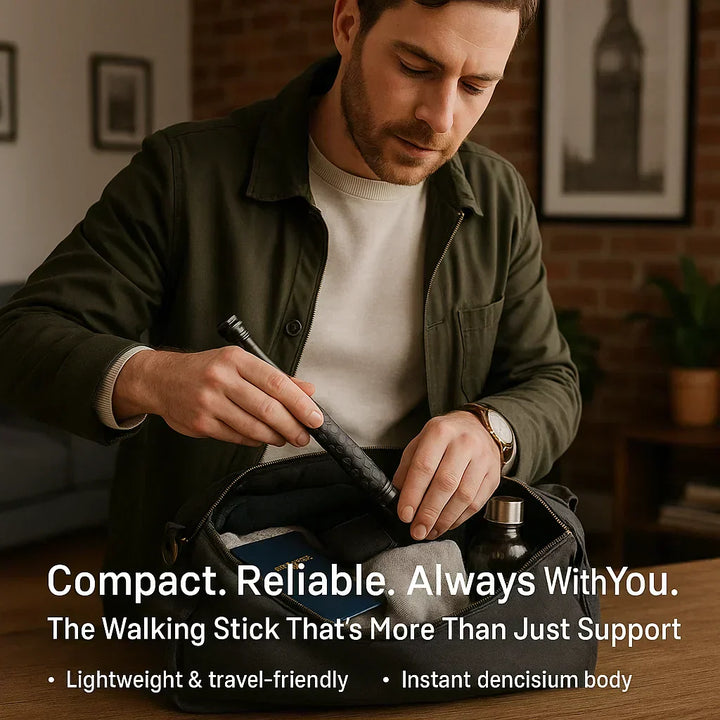 Travel-friendly automatic self-defense walking stick, lightweight and compact with a secure anti-slip grip.