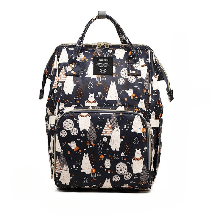 Spacious unisex diaper backpack, waterproof fabric, insulated pockets for bottles, perfect for family travel.