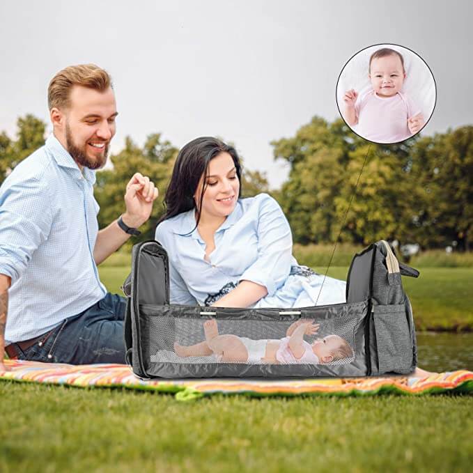 Easy-to-use convertible baby backpack & portable bassinet, a must-have travel nappy bag.