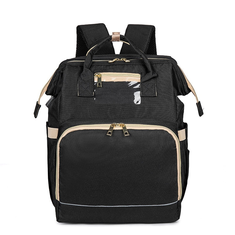 Waterproof diaper bag backpack with multi-pockets & integrated foldable bassinet. Ideal for travel.