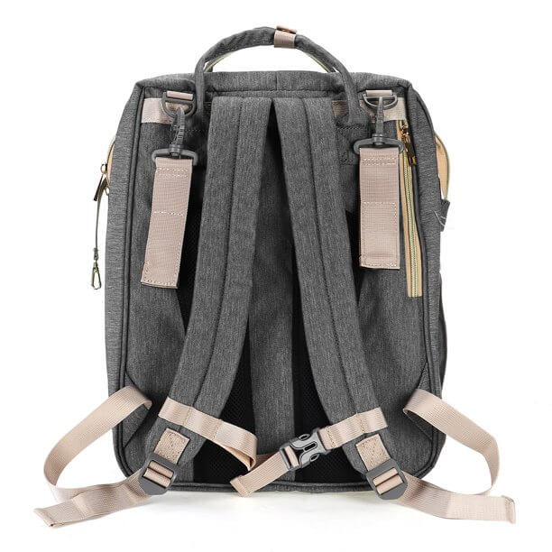 Multi-pocket nappy bag backpack with a changing station & portable bassinet, ultimate baby gear organizer.