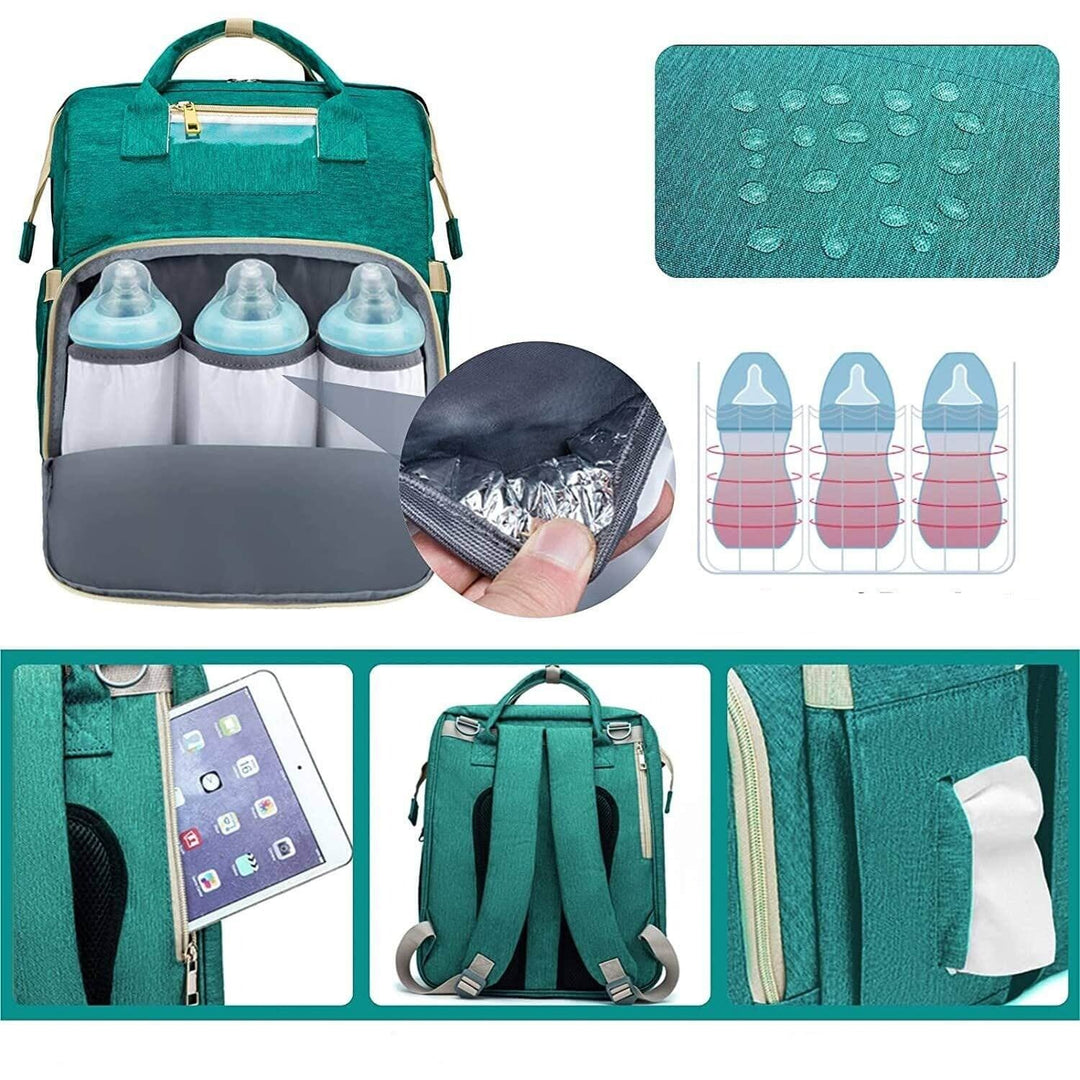 Versatile baby travel bag: a waterproof backpack that transforms into a comfy portable bassinet.