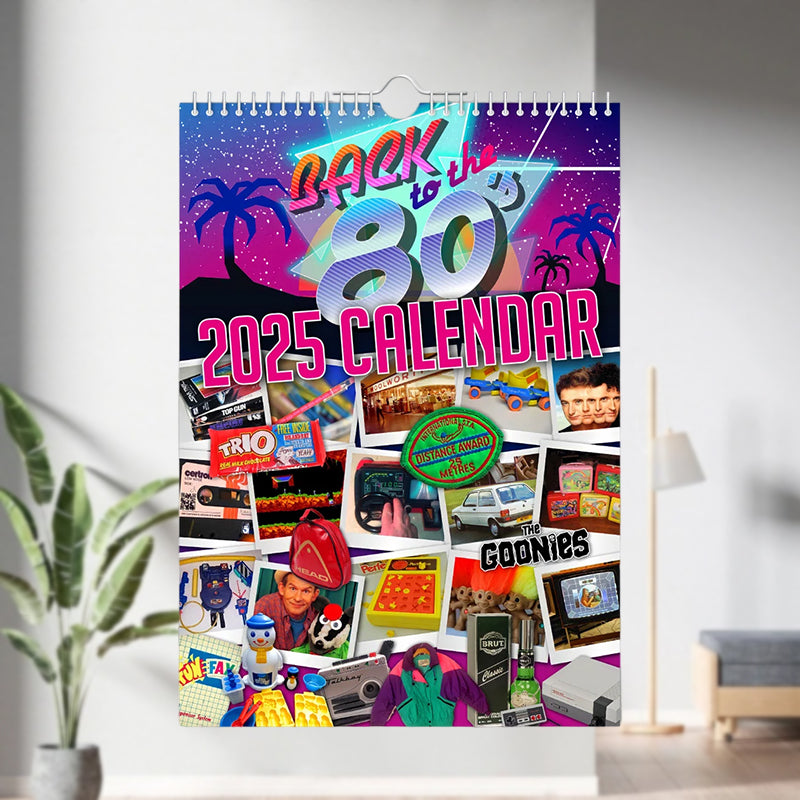 Open 2025 Wall Calendar showing a vibrant 80s-themed monthly spread and planner space.