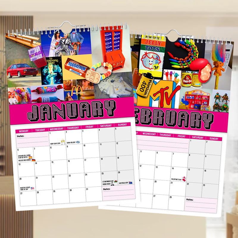Stack of multiple Unisex Back to the 80s 2025 Wall Calendars, ideal for bulk purchase or office.
