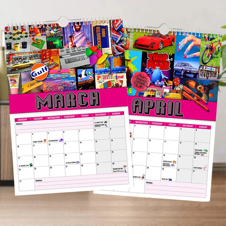 2025 Wall Calendar hanging on a brightly lit wall, showcasing its 80s design as home decor.