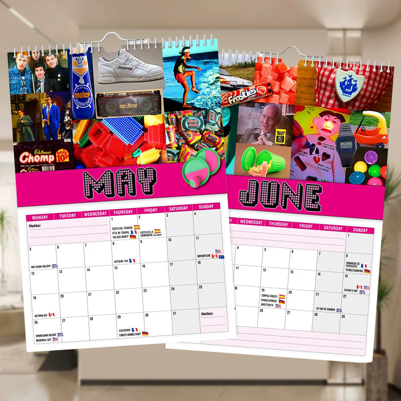 Detail shot of the sturdy spiral binding and glossy paper of the Back to the 80s 2025 Wall Calendar.