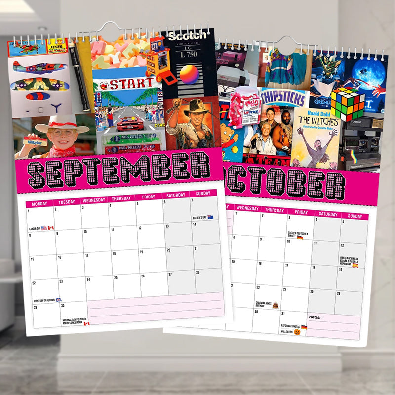 Back to the 80s 2025 Calendar displayed with other retro accessories, a perfect nostalgia gift.