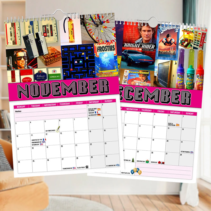 Illustration of the front cover of the Unisex 2025 Wall Calendar, capturing the 80s theme.