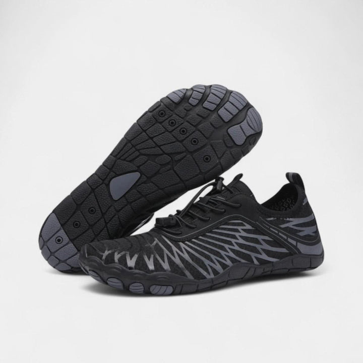Flexible sole barefoot hiking shoes with wide toe box for minimalist comfort & improved posture.