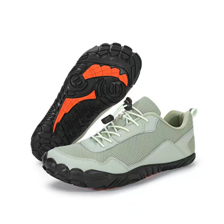 Textured material of breathable unisex orthopedic hiking shoes with wide toe box for natural comfort.