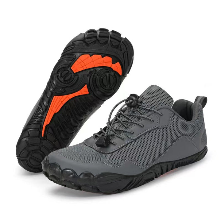 Breathable athletic hiking shoes, orthopedic design with wide toe box for natural fit and foot comfort.